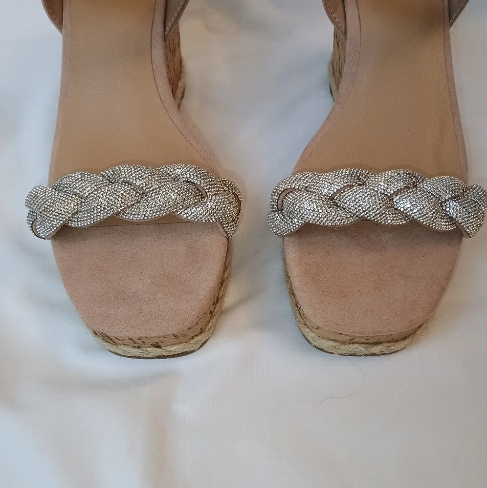 Madden NYC Wedge Sandals Womens 8.5 Braided Rhinestone Blush Buckle Ankle Strap